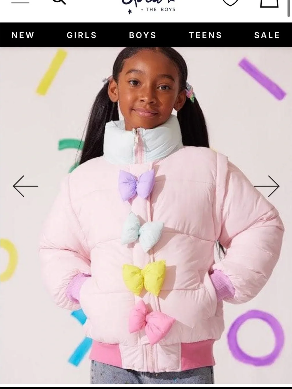 Kids Pink Puffer Jacket with Multicolor Bows - Brand: